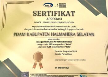 PDAM Halsel Terima Sertifikat Apresiasi dari BPKP Maluku Utara
