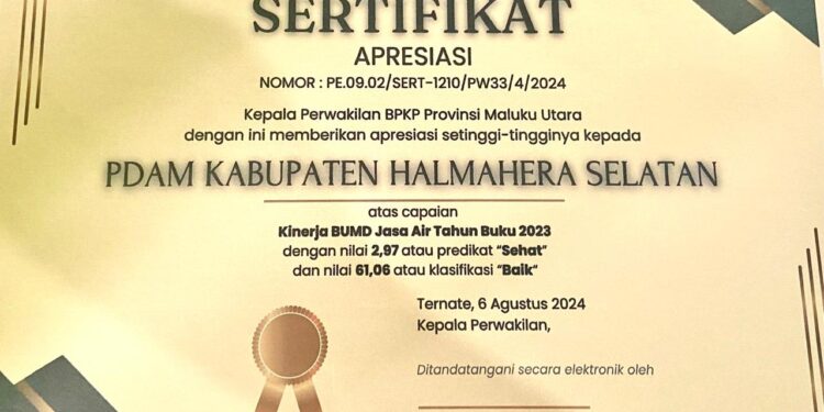 Foto Istimewa: (Sertifikat Apresiasi Yang Diterima PDAM Halmahera Selatan)